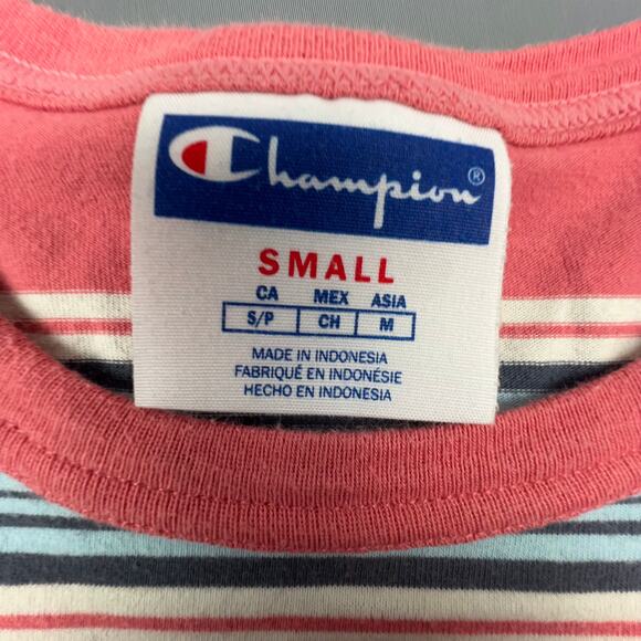 Champion Stripe Tee Coral Blue White Retro Skater Fit Small - Picture 5 of 6